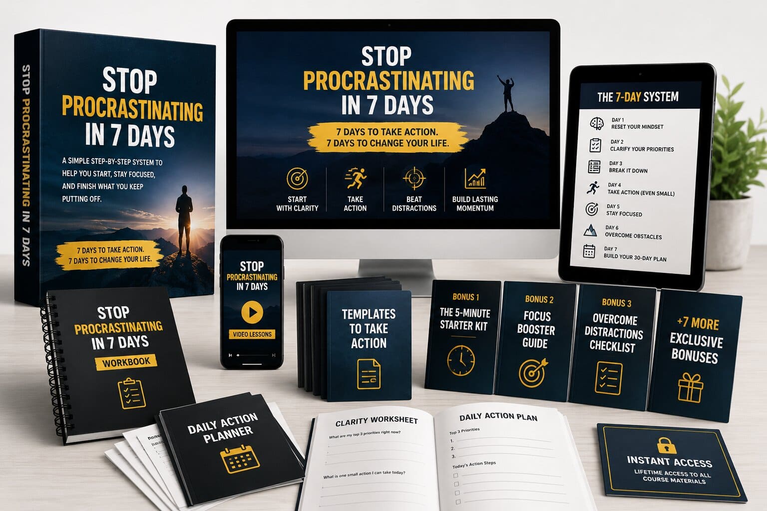 Stop Procrastinating in 7 Days digital course mockup with workbook, templates, video lessons, and bonuses